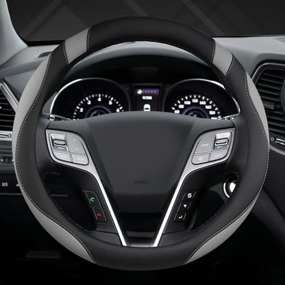 Customized Auto Car Steering Wheel Cover for Hyundai,Tucson,Sonata,Elantra,Santa Fe,Genesis,Sonata Hybrid,Azera,Venue,Kona, 14.5-15 inches(Black+Gray - Standard Size)