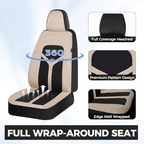 Car Seat Covers Full Set, Universal Seat Cover 5 Seats, Automotive Seat Covers with Mesh Leather, Waterproof Car Seat Protector, Breathable Car Seat Cushion for Most Car SUV Truck, Beige - color: Beige, size: Full set