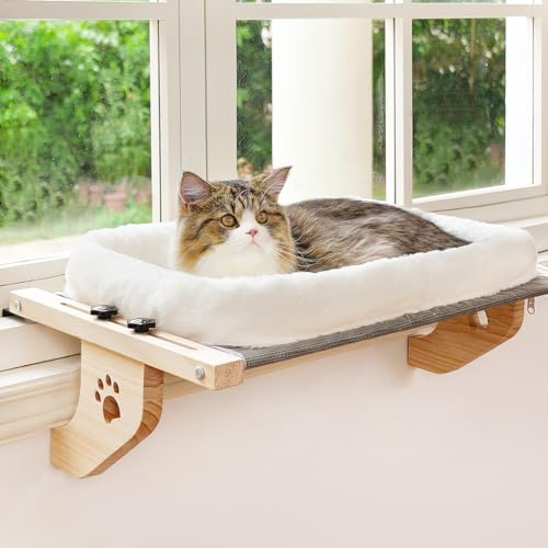 AMOSIJOY Cat Sill Window Perch Sturdy Hammock Seat with Cushion Bed Cover, Wood & Metal Frame for Large Cats, Easy to Adjust Windowsill, Bedside, Drawer and Cabinet(Cushion Bed) - color: White, size: 24.4''L X 15''W