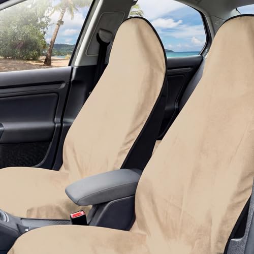 2 Pack Car Seat Towel Covers, Sweat Protector for Front Seats, Premium Thickened Microfiber with Elastic Strap, Breathable & Quick Dry, Machine Washable Cover for Gym Running Beach Universal Fit Beige - color: Beige