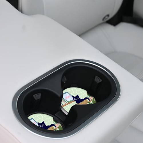 Ceramic Cup Holders Car Coasters Set for Women/Men,Drink Cup Car Holder Coasters with A Finger Notch 2.56" Pack of 2（Cute Black Cat 2） - color: Black Cat 2