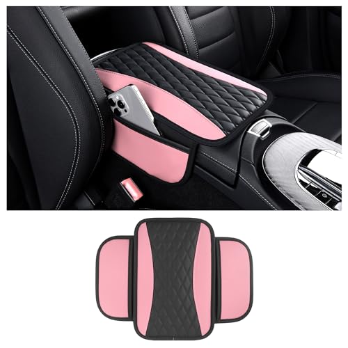 Leather Car Center Console Cover with Side Pockets,Stylish Car Decorations Interior Armrest Cover for Car Seat Organizer,Universal Center Console Protector Fit Car SUV Truck (Pink) - color: Pink