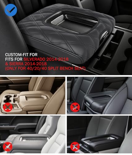 Center Console Cover for Chevy Silverado & GMC Sierra 2014-2018 with 40/20/40 Jump Seat Accessories, Leather Middle Armrest Console Cover Elbow Arm Rest Cushion for Car (Split Bench Seat Console ONLY)