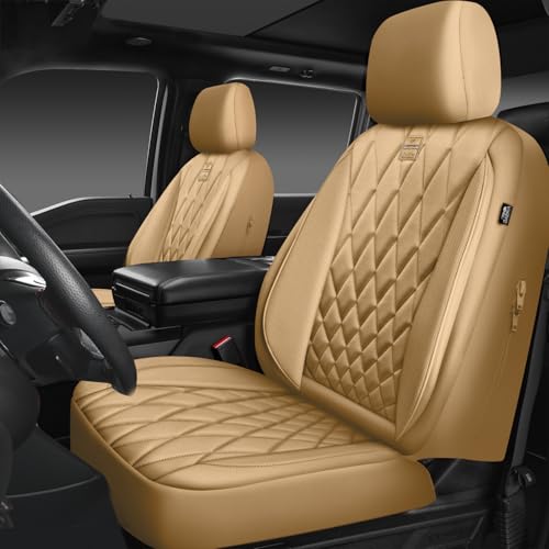 CAR PASS Piping Luxury Leather Seat Covers Full Set,5 Seats Leatherette Anti-Slip Waterproof Seat Covers Compatible with Front Armrests,Universal Fit for Suvs,Vans,Trucks,Airbag Compatible,Pure Beige - color: Pure Beige, size: Full Set