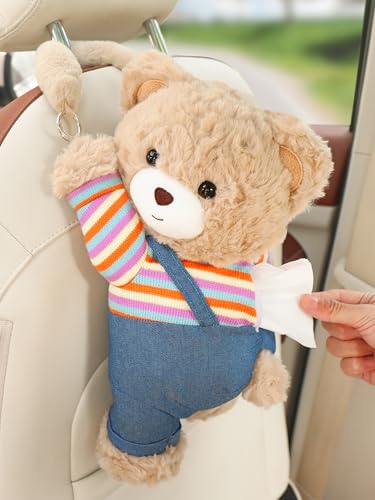 Cute Car Tissue Holder Accessories Animal Teddy Bear Funny Plushie Plush Hanging Tissue Cover Box in Car Decorative Tissue Storage for Home Bathroom Bedroom Office - style: Bear/Pink