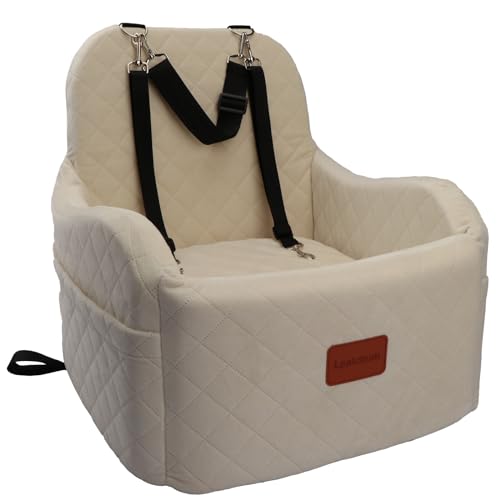 Lealchum Dog Booster Car Seat,Ultra Soft Fabric & Filling Memory Foam,Elevated Cushion,3 Straps & Safety Belt Channel,Anti-Slip Base,Fully Detachable and Washable(Beige,Medium) - color: Beige