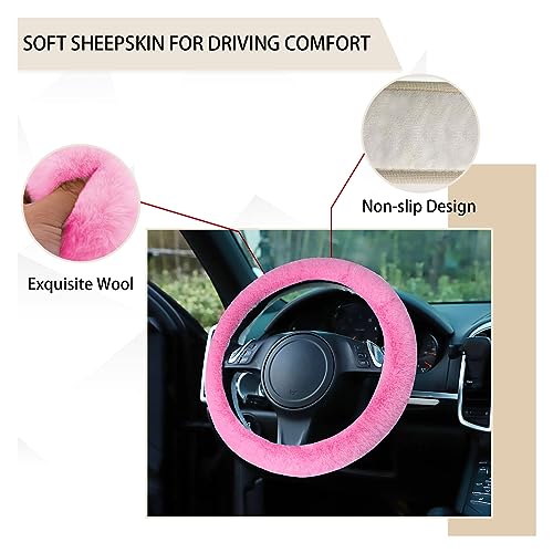 Fuzzy Steering Wheel Cover, 15 inch Soft Wool Fur Steering Wheel Protector, Fluffy Wheel Covers for Winter Warm, Car Interior Decoration Accessories for Women Men (Pink)