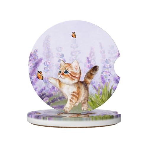 Lavender Butterfly Cute Cat Car Coasters for Cup Holders,2 Pack Car Cup Holder Coasters for Car,Ceramic Absorbent Car Coaster with A Finger Notch and Cork Base,Car Interior Accessories for Women Men - color: Lavender Butterfly Cute Cat