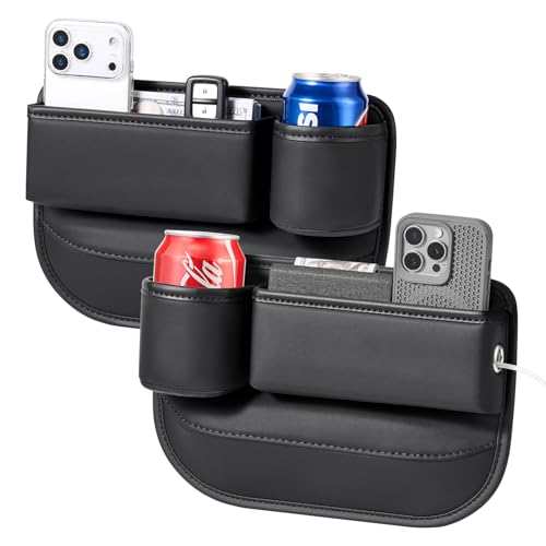 Universal Car Seat Gap Filler Organizer, Premium Leather Car Seat Organizer, Seat Gap Storage Box with Cup Holder for Drink, Front Seat Gap Bag for Phone, Sunglasses,Keys, 2 Packs (Left+Right)