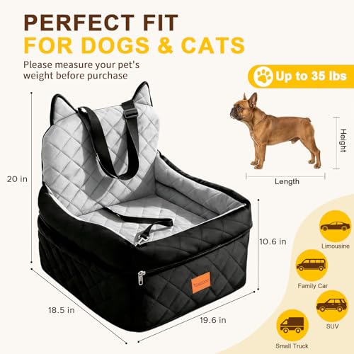 Dog Booster Car Seats for S/M Dogs Up to 35lbs,Pet Car Seat/Travel Bed with Washable&Removable Cover,Storage Pockets,Dog Safety Belt and Elevated Cushion Fits in Front/Back Seat - color: Black-Grey
