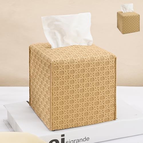 HOMOTEK 2 Pack Tissue Box Cover, Square PU Leather Tissue Holder, Decorative Facial Tissue Cube Paper Organizer Dispenser for Bathroom, Night Stands, Desk, Car 5X5X5'' - Rattan Weave,Camel - color: Camel, size: Rattan Weave