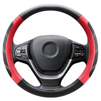 Black and Red Line Punching Car Steering Wheel Cover, Microfiber Leather Sports, 14.5-15 in Universal Leather Wheel Covers, Breathable Fashion Anti-Slip, Steering Wheels Accessories for Men Women - color: Line Punching-Black and Red