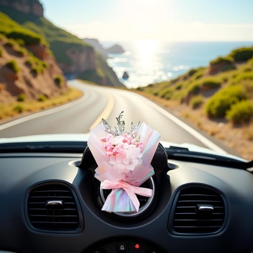 Pink Mini Dried Flowers Bouquet for Car Air Vent Clips, Car Air Outlet Perfume Decoration, Car Air Fresheners Interior Decoration Accessories