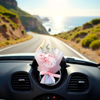 Pink Mini Dried Flowers Bouquet for Car Air Vent Clips, Car Air Outlet Perfume Decoration, Car Air Fresheners Interior Decoration Accessories