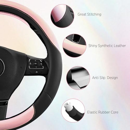 Road Comforts Steering Wheel Cover – Breathable Leather Steering Wheel Cover, Anti-Slip Grip, Universal Fit 14.5” to 15”, Heat & Cold Resistant for Cars, SUVs, and Trucks – Black & Shining Pink - color: Black&Pink