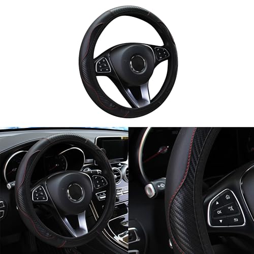 Car Steering Wheel Cover, 15 inch Carbon Fiber Microfiber PU Leather Elastic Steering Wheel Protector for Men Women, Anti-Slip Breathable Car Interior Accessories for Most Cars (Black) - color: Black