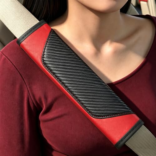 Carbon Fiber PU Leather Seat Belt Covers - 2Pcs, Black and Red Sporty Seat Belt Pads, Universal Fit for Car Truck SUV - color: yd-red
