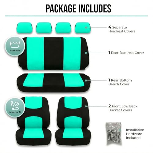 FH Group Bright Flat Cloth Full Set Automotive Seat Covers Front Set and Rear Solid Bench Mint Black Seat Covers w. Gift Universal Fit Interior Accessories for Cars Trucks and SUVs - color: Mint