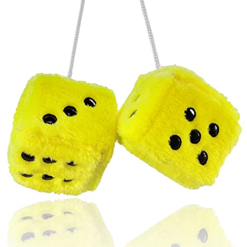 Fuzzy Plush Dice for Car Mirror, Pair of Retro 3” Yellow Dice with Black Dots for Car Interior Hanging Ornament Decoration - color: Yellow