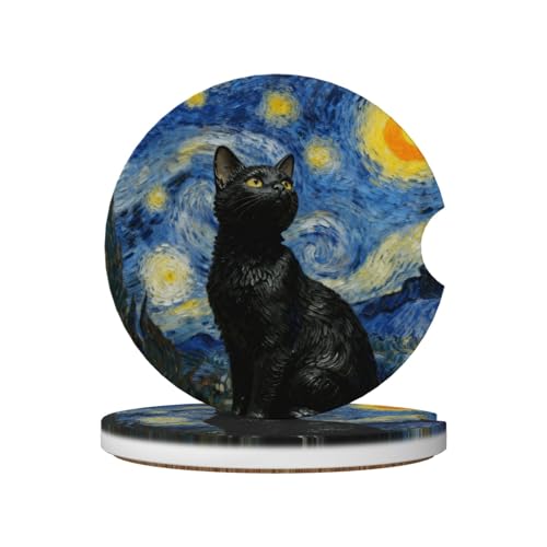 Black Cat Starry Sky 2 Pack Car Cup Holder Coasters Absorbent Ceramic Drink Coasters 2.56" Universal Anti Slip Cup Mat with Cork Base and Finger Notch Auto Accessories Interior for Women Men - color: Red