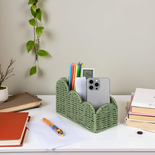 CubesLand Scalloped TV Remote Control Holder Bedside Candy Organizer, Office Desk Storage Organizer Accessories, Pen Pencil Cup, Makeup Brush Holder, Fits Farmhouse Rustic Decor, Earth Friendly, Green - color: Green