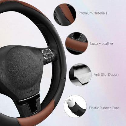 Road Comforts Steering Wheel Cover, Breathable Anti-Slip Leather Steering Wheel Cover, Universal Fit 14.5–15 Inch, Comfortable Grip - Brown Color
