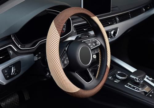 ZHOL Steering Wheel Cover Universal 15 inch Microfiber Breathable Ice Silk Steering Wheel Covers Anti-Slip Car Interior Accessories for Women Men, Warm in Winter and Cool in Summer, Beige&Brown - color: Brown Beige