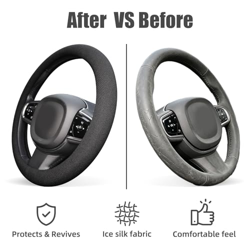 Universal Black Steering Wheel Cover, Microfiber Ice Silk Non-Slip Breathable Cooling Steering Wheel Protector with Upgraded Silicone Inner Ring Warm in Winter Cool in Summer - color: Black