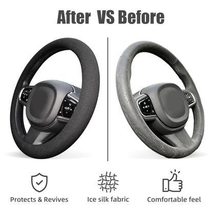 Universal Black Steering Wheel Cover, Microfiber Ice Silk Non-Slip Breathable Cooling Steering Wheel Protector with Upgraded Silicone Inner Ring Warm in Winter Cool in Summer - color: Black