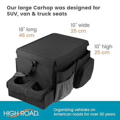 High Road CarHop Front Seat Car Organizer with Car Cup Holder, Passenger Seat Tray and Padded Filing or Cooler Compartment with Side Pocket Storage - color: Black