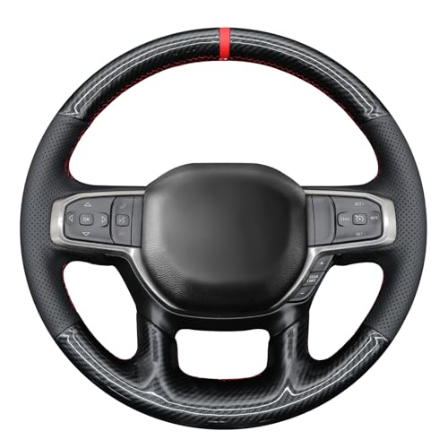 MEWANT Hand Stitch Black Real Leather Shiny PU Carbon Fiber Steering Wheel Wrap for Dodge Ram 1500 Laramie Big Horn 2021 - color: Black Genuine Leather&Shiny PU Carbon Fiber