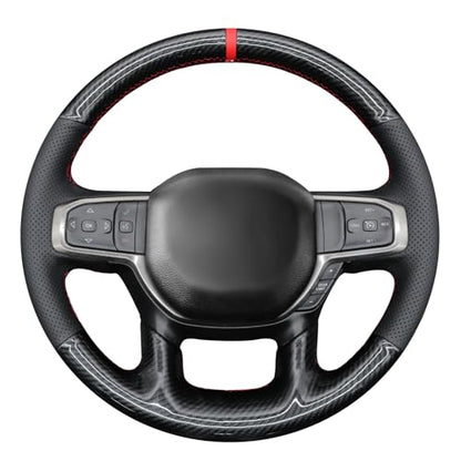 MEWANT Hand Stitch Black Real Leather Shiny PU Carbon Fiber Steering Wheel Wrap for Dodge Ram 1500 Laramie Big Horn 2021 - color: Black Genuine Leather&Shiny PU Carbon Fiber