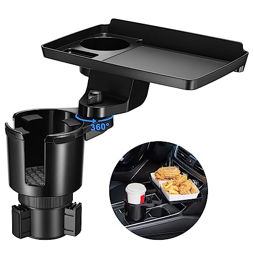 Cup Holder Tray for Car, 2 in 1 Detachable Car Food Table Tray with Solid Base & Phone Slot,Car Cup Holder Expander with 360°Rotation Tray for Travel Road Essentials