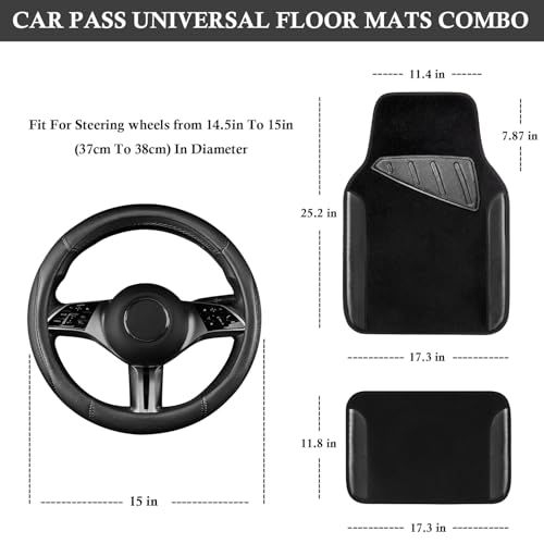 CAR PASS Microfiber Leather Steering Wheel Cover and Waterproof Car Floor Mats,Universal Car Combo Fit for 95% Sedan,SUV,Cars,14.5-15inch Anti-Slip Safety Comfortable Faux Leather Design(Solid Black) - color: All Black
