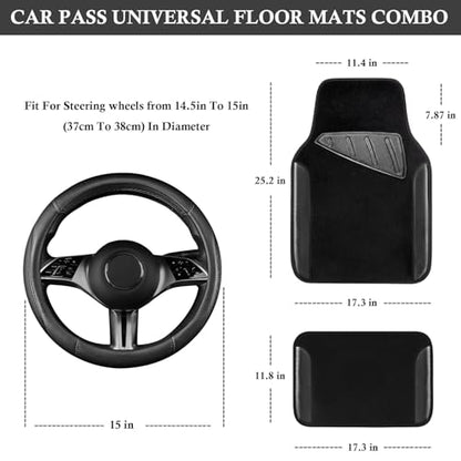 CAR PASS Microfiber Leather Steering Wheel Cover and Waterproof Car Floor Mats,Universal Car Combo Fit for 95% Sedan,SUV,Cars,14.5-15inch Anti-Slip Safety Comfortable Faux Leather Design(Solid Black) - color: All Black