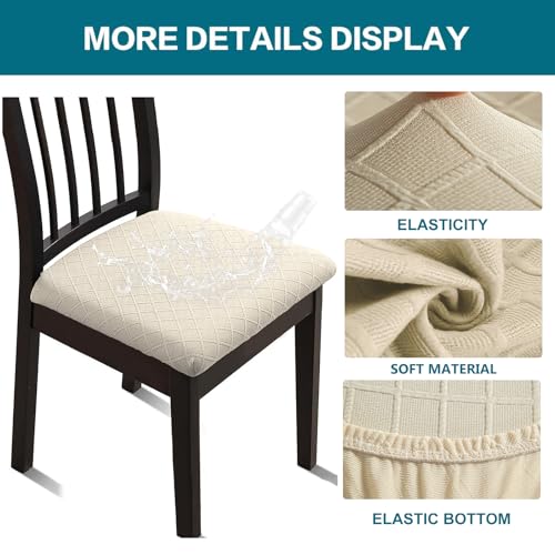 KRFOONN Waterproof Seat Covers for Dining Room Chairs Set of 4 with Dining Bench Cover Jacquard Washable Chair Covers Removable Kitchen Chair Cushion Slipcovers Protector for Dining Room, Beige - color: Beige