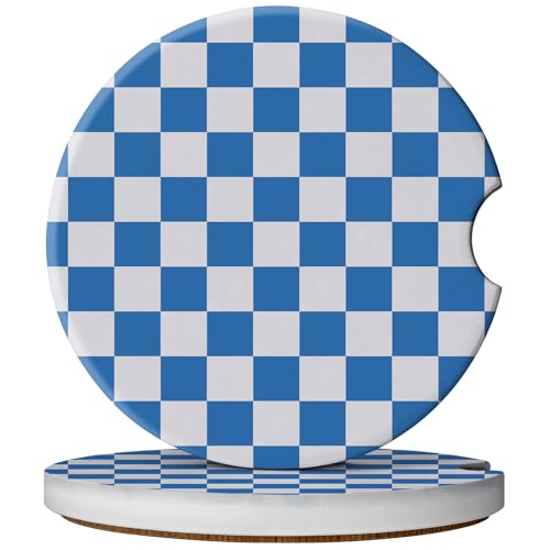 2 Pack Car Coasters for Cup Holders, Absorbent Ceramic Cup Coaster with Cork Base and Finger Notch, Cute Car Accessories Interior for Women Men (Grid-Blue) - color: Grid-blue