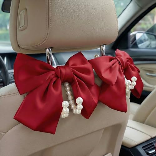 2PCS Satin Bow Pearl Car Seat Headrest Hooks – Car Bag Holder & Vehicle Hanger for Purses – Cute Coquette Aesthetic Interior Decoration – Cute Auto Organizer Accessories Universal (Red) - color: Red