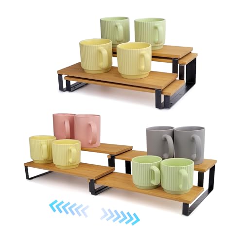 2-Tier Expandable Coffee Mug Holder for Cabinet, Black Metal & Bamboo Cup Organizer Rack, Kitchen Counter Shelf for Spices & Tea, Coffee Bar Accessories Storage, Sturdy Pantry Insert (Natural)