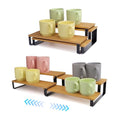 2-Tier Expandable Coffee Mug Holder for Cabinet, Black Metal & Bamboo Cup Organizer Rack, Kitchen Counter Shelf for Spices & Tea, Coffee Bar Accessories Storage, Sturdy Pantry Insert (Natural)