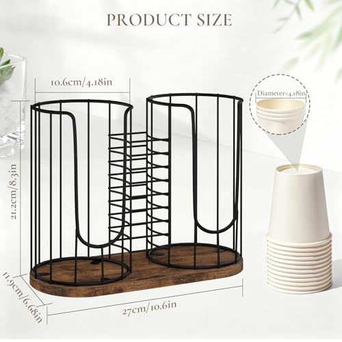 Coffee Cup Holder 18oz 3-Compartment Paper Cup Dispenser Rack with Wood Base - Disposable Cup, Straw & Lid Organizer 3-in-1 Storage for Countertop, Coffee Bar, Kitchen, Office