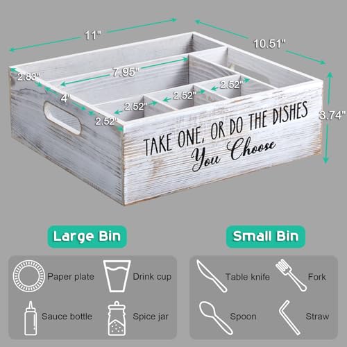 ALELION Rustic White Plate and Utensil Caddy, 6-Compartment Paper Plate and Cutlery Holder with Handles, Kitchen and Party Organizer for BBQs, Picnics, and Gatherings - style: White