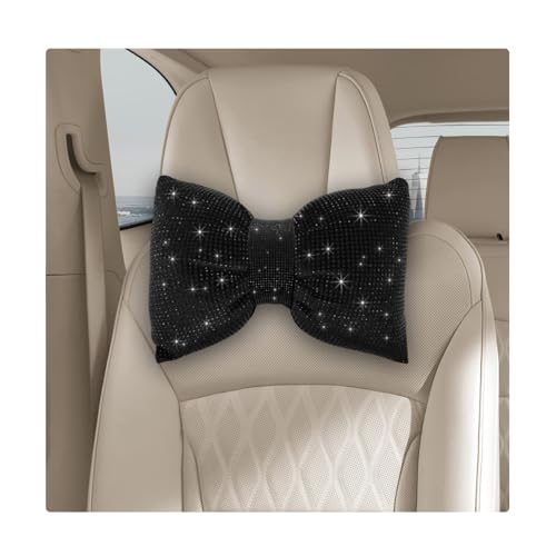 Bling Car Seat Neck Pillow, Soft Bling Bowknot Headrest Neck Support Rest Cushion, Neck Relax Head Rest Auto Pillow with Crystal Rhinestone for Women, Car Accessories (Black) - color: Black