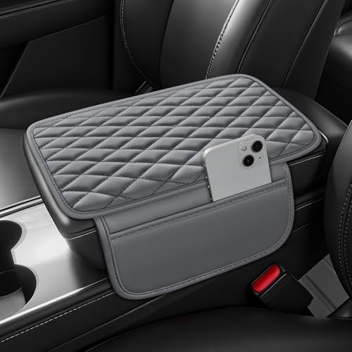 Waterproof Leather Car Center Console Pad with 2 Storage Bags, Auto Armrest Box Cover Protector, Comfortable Interior Accessories for Most Household Cars, Sedans & SUV (Light Gray) - color: Light Gray