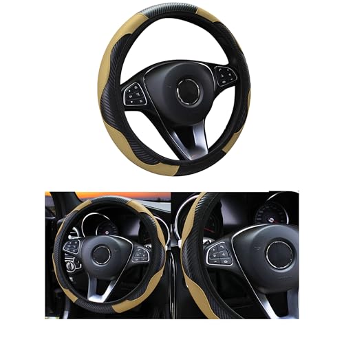 Car Steering Wheel Cover, 15 inch Carbon Fiber Microfiber PU Leather Elastic Steering Wheel Protector for Men Women, Anti-Slip Breathable Car Interior Accessories for Most Cars (Beige) - color: Beige