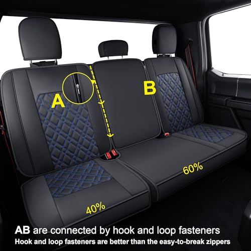 LUCKYMAN CLUB F150 Full-Set Seat Covers J03-Q3 with Waterproof Faux Leather, Fit 2015-2025 Ford F150 and 2017-2025 F250 F350 F450 (Full Set, Black-Blue) - color: Black&Blue, size: Full Set