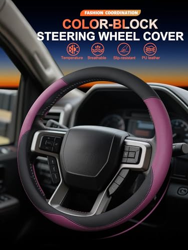 Leather Steering Wheel Cover for Ford F150/F250/F350, 15.5-16 Inch Truck Steering Wheel Grip, Breathable & Anti-Slip, Premium Semi Car Accessories (Purple) - color: Purple