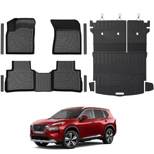 Floor Mats Set for Nissan Rogue 2026 2025 2024-2021 Accessories, Full Coverage All Weather Floor Mats Cargo Mat with Backrest Protectors & Door Sill Guards (Not for Sport) - size: For Nissan Rogue | 2021-2026