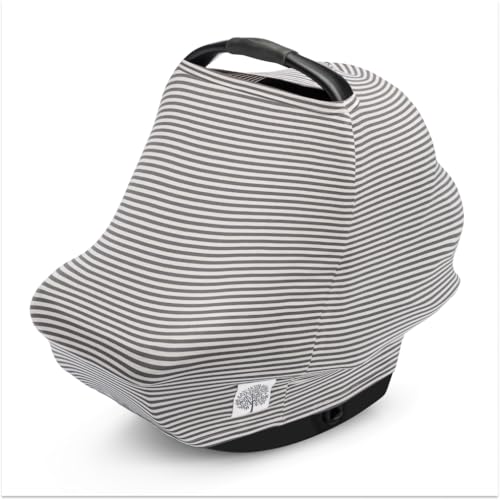 Parker Baby 4 in 1 Car Seat Cover for Girls and Boys - Stretchy Carseat Canopy, Nursing Cover, Grocery Cart Cover, High Chair Cover - “Pewter/Snow Stripes” - color: Pewter/Snow Stripes