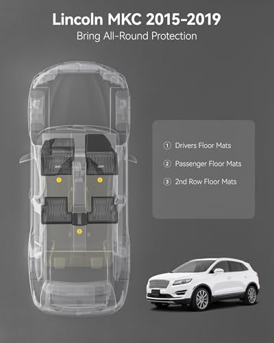 3W Floor Mats Compatible for Lincoln MKC 2015-2019, TPE All Weather Floor Liner Custom Fit 1st and 2nd Rows Full Set Car Liners - Black